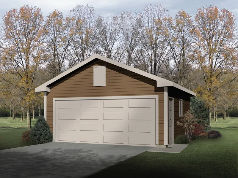 Stylish two-car garage has side entry door and window