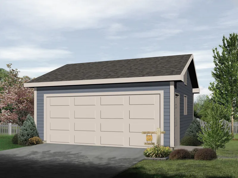 Compact two-car garage is designed for economical building