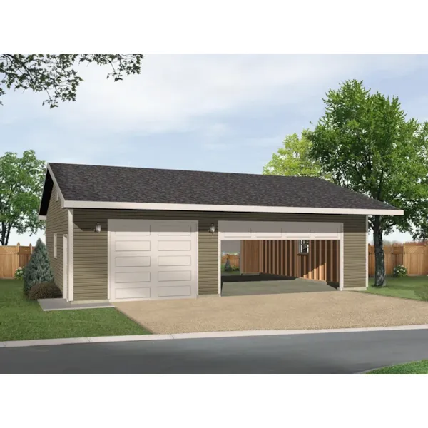 Three-car garage has drive through design and would look great with any house plan