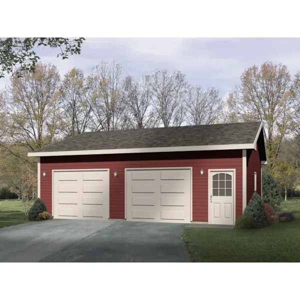 Two-car drive-through garage with front entry door