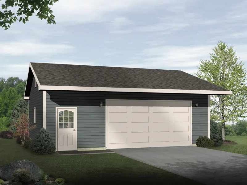 Drive-through two-car garage with front entry door