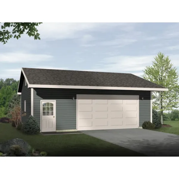 Drive-through two-car garage with front entry door