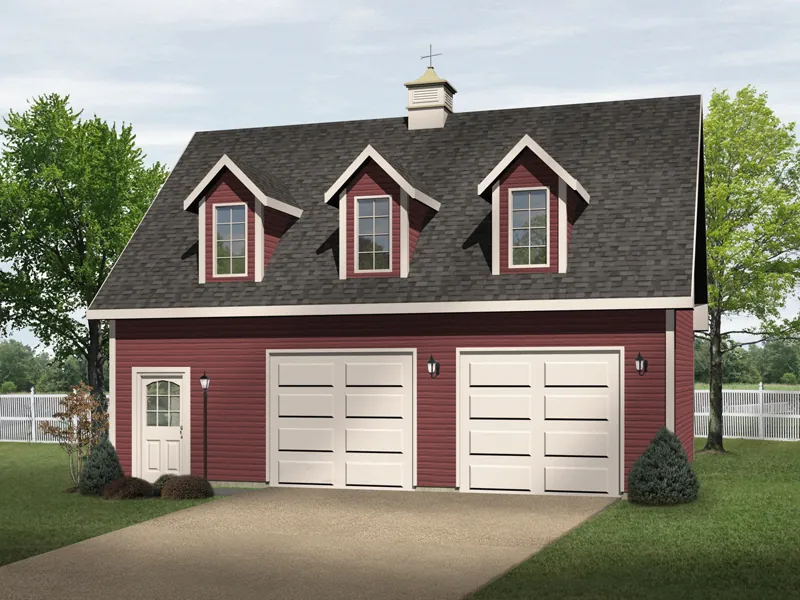 Stylish drive-through two-car garage with triple dormers and roof cupola