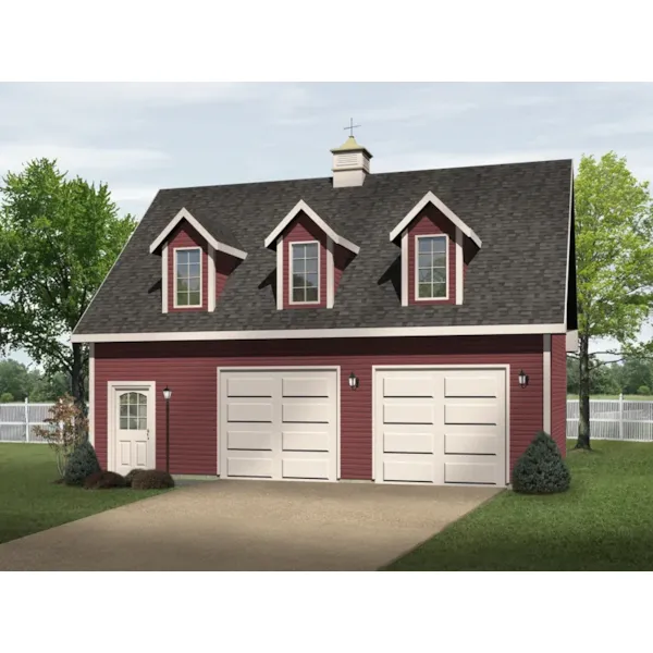 Stylish drive-through two-car garage with triple dormers and roof cupola