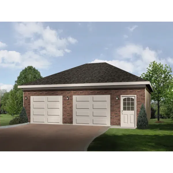 Two-car garage has two separate garage doors and hip roof design