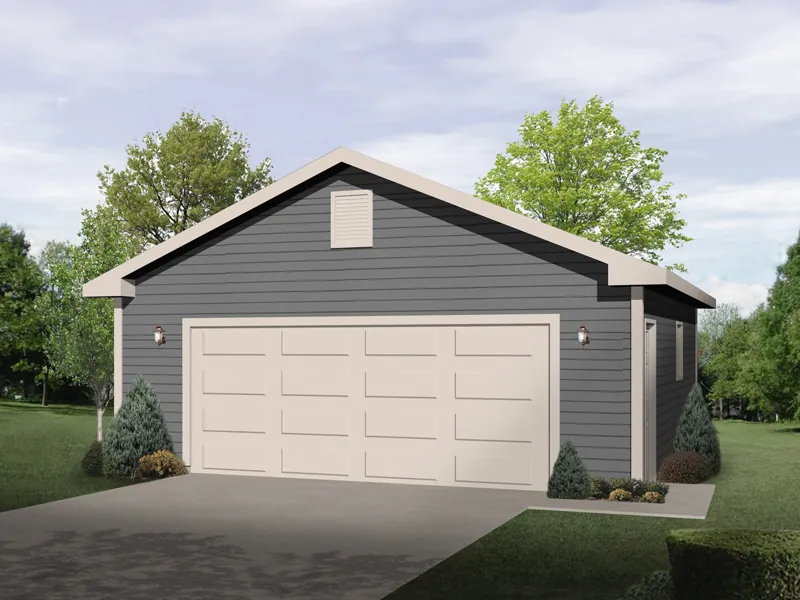 Two-car garage has gabled roof and low-maintenance siding exterior