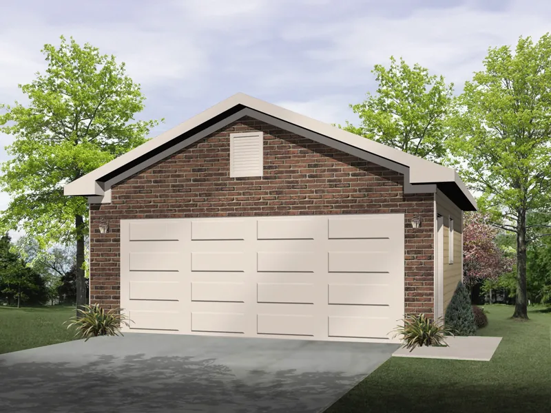 All brick two-car garage with one large garage door
