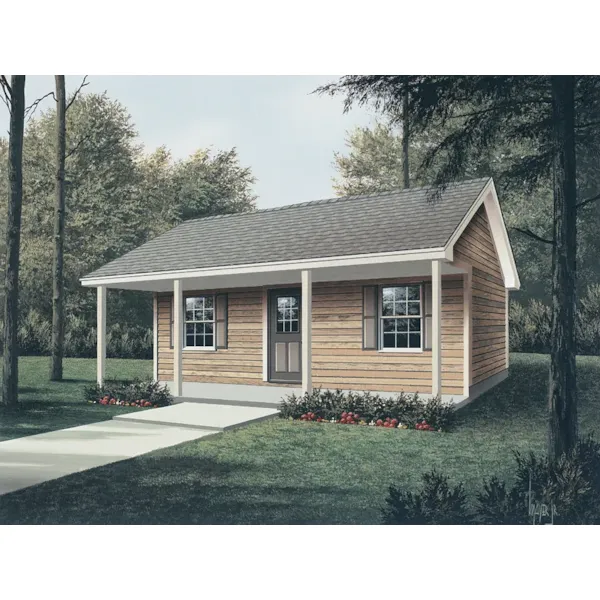 Country style cabin has rustic front porch columns and centered front door