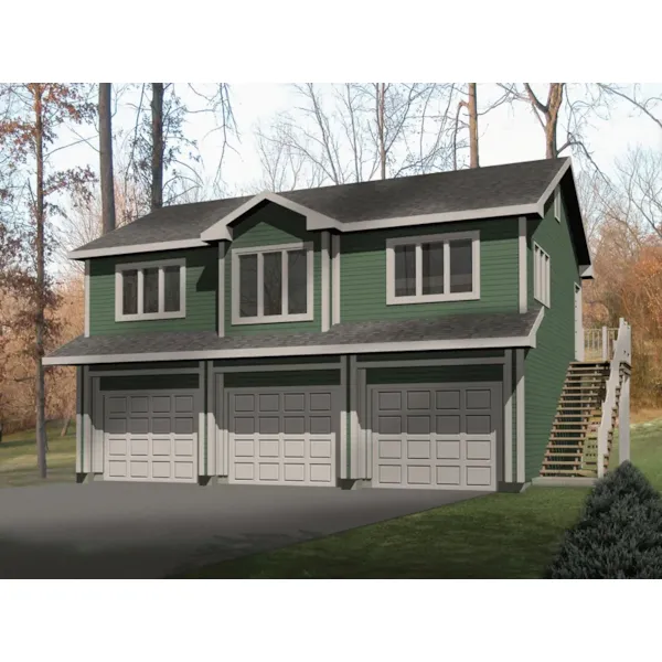 Three-car apartment garage has a center gabled window on the second story for interest