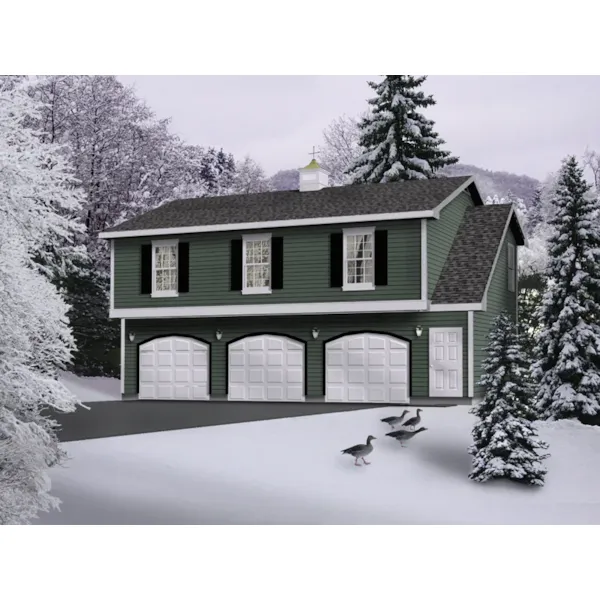 A three-car apartment garage with a colonial style influence