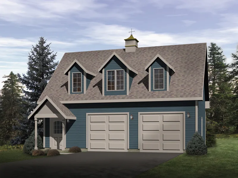 Attractive two-car garage has a covered front porch and triple dormers