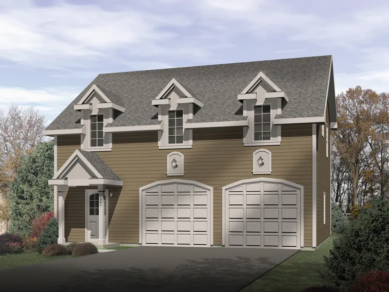 Stylish two-car garage apartment with triple dormers and a covered front porch