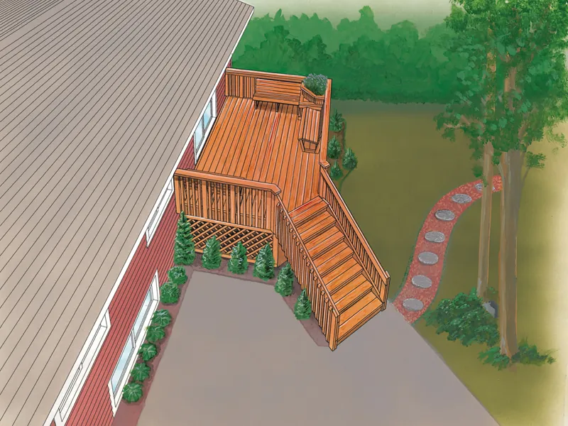 Raised mid-level deck has stairs connecting the house to the ground