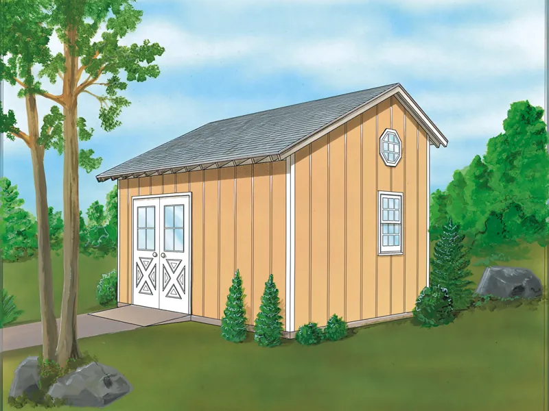 This saltbox storage shed has side double doors and a roomy interior 