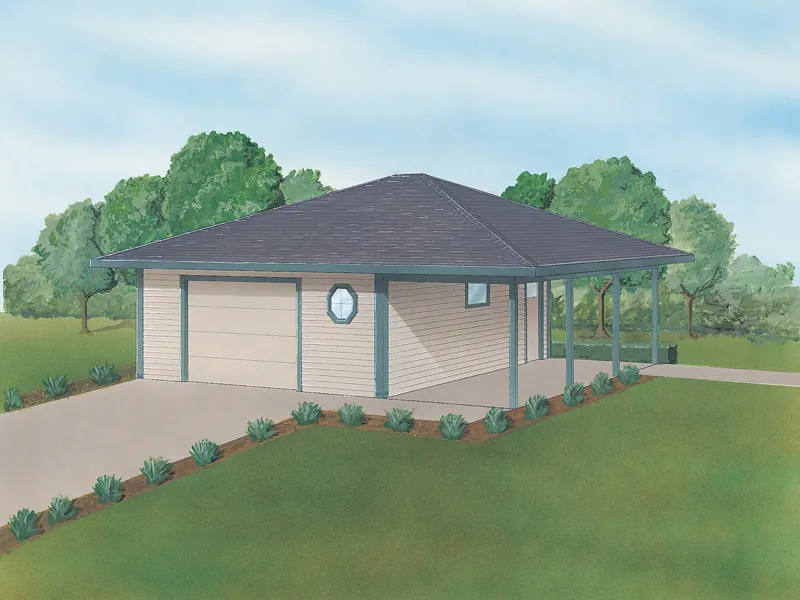 One and half car garage with attached carport and circle windows