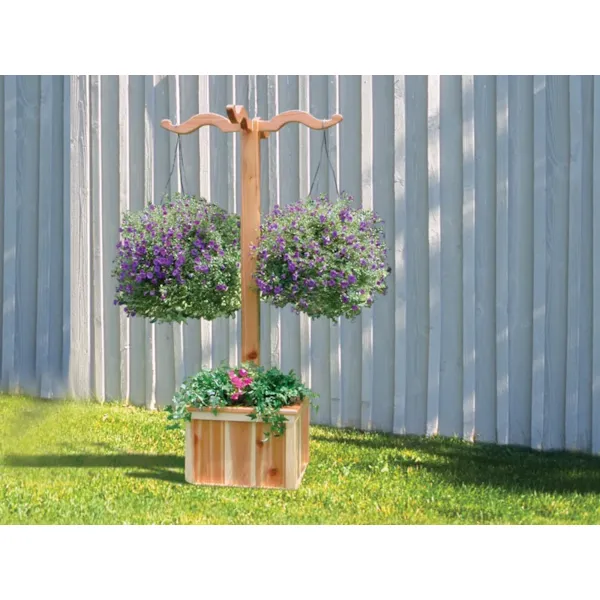 Freestanding hanging planter box hangs two plants and allows flowers to be planted in the square base