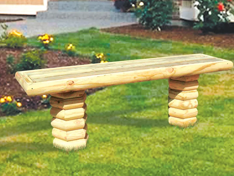 Landscape timber bench is te perfect style for a log home plan