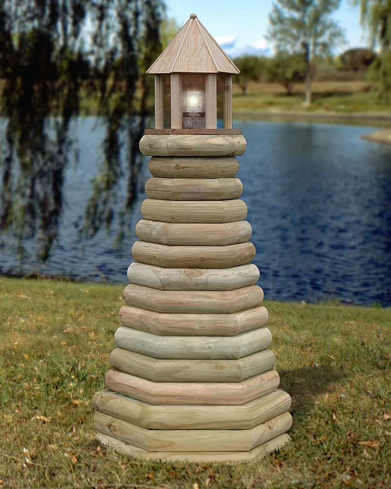 Rustic timber lighthouse is a landscaping delight for your backyard