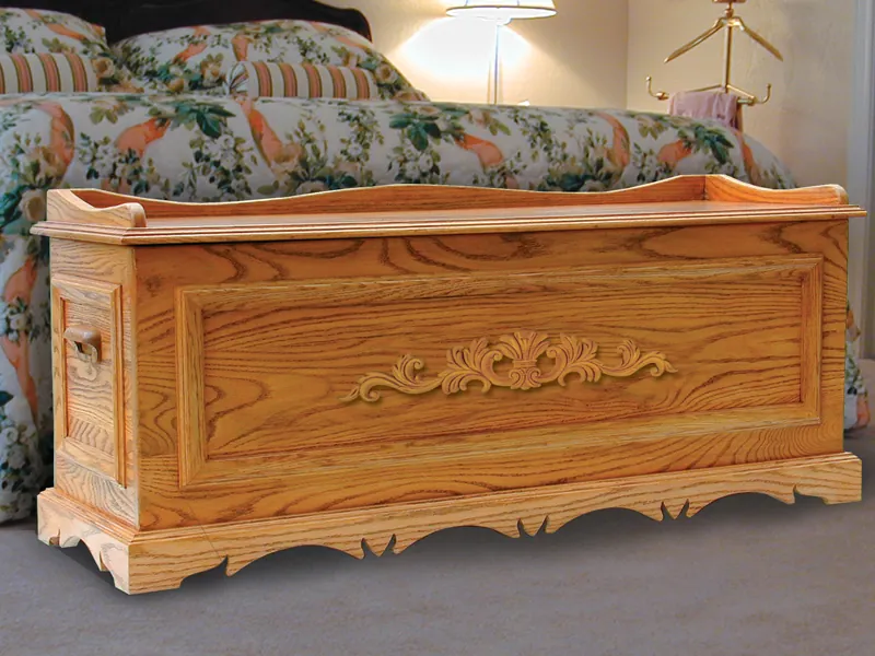 Ornate hope chest is large in size and is the ideal place to store mementos and family photos