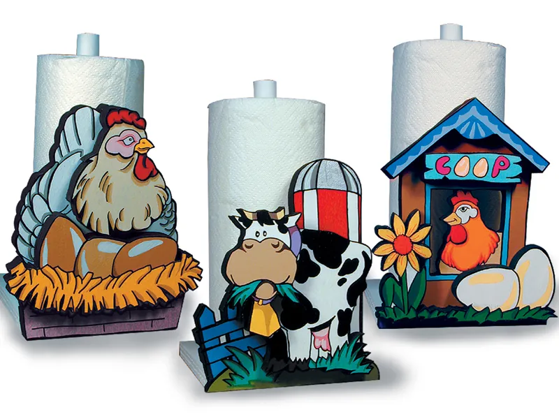 Country style paper towel holders feature scenes you can paint of a rooster, chicken and cow