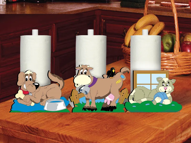 Happy home painted paper towel holders has a design with a dog, cow and cat