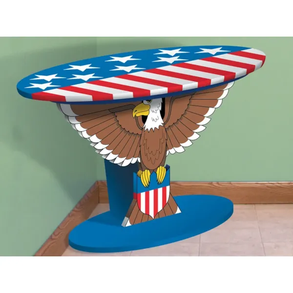 This patriotic table has a bald eagle design as the stand with a stars and stripes pattern on the top