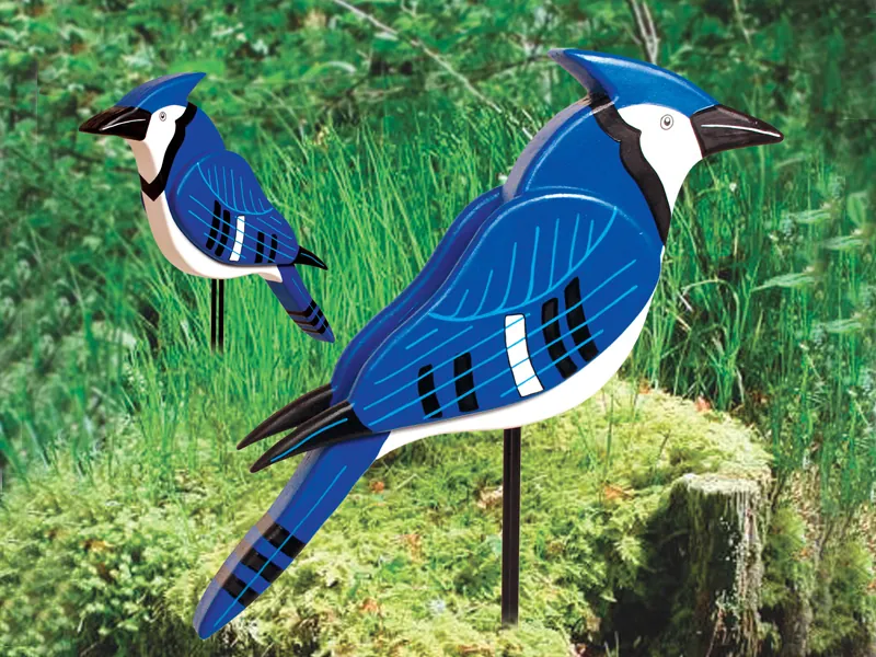 Layered big 3D blue jay can be staked into the yard in a garden or lawn area