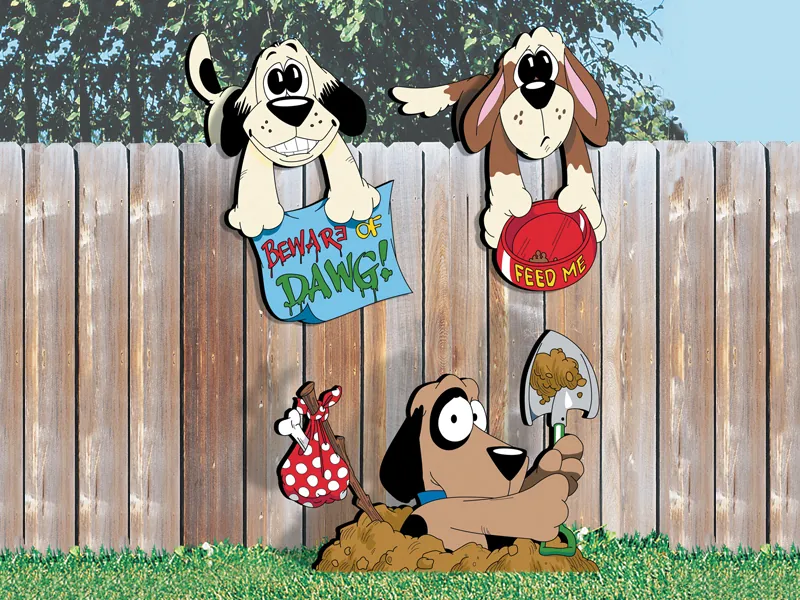 Three fence dog yard art patterns add fun decoration to your backyard