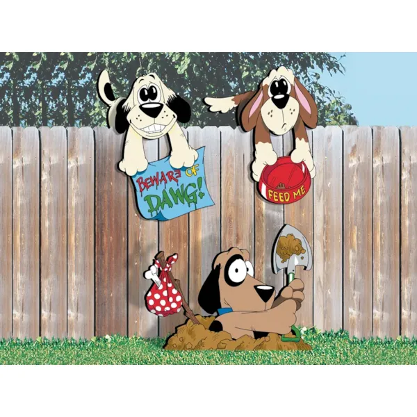 Three fence dog yard art patterns add fun decoration to your backyard