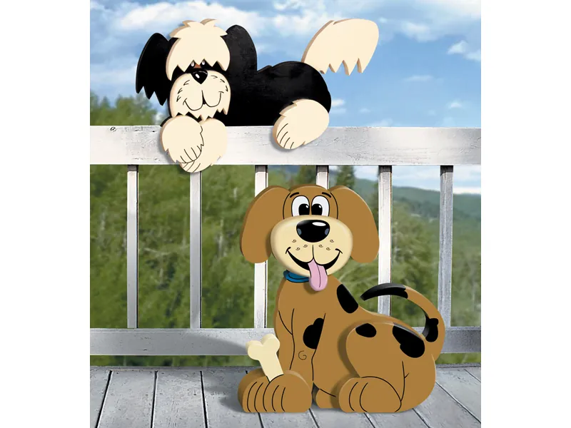 Two different styles of layered lap dogs offer a fun and creative outdoor decoration