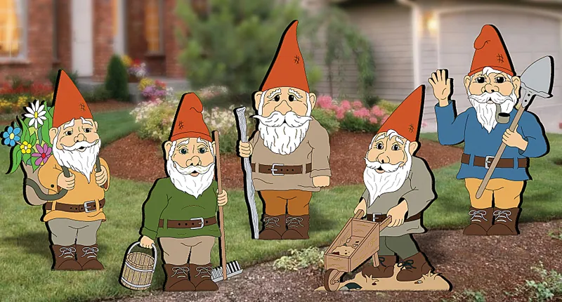This yard art pattern includes five different garden gnomes