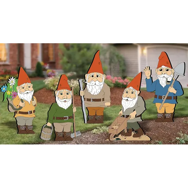 This yard art pattern includes five different garden gnomes