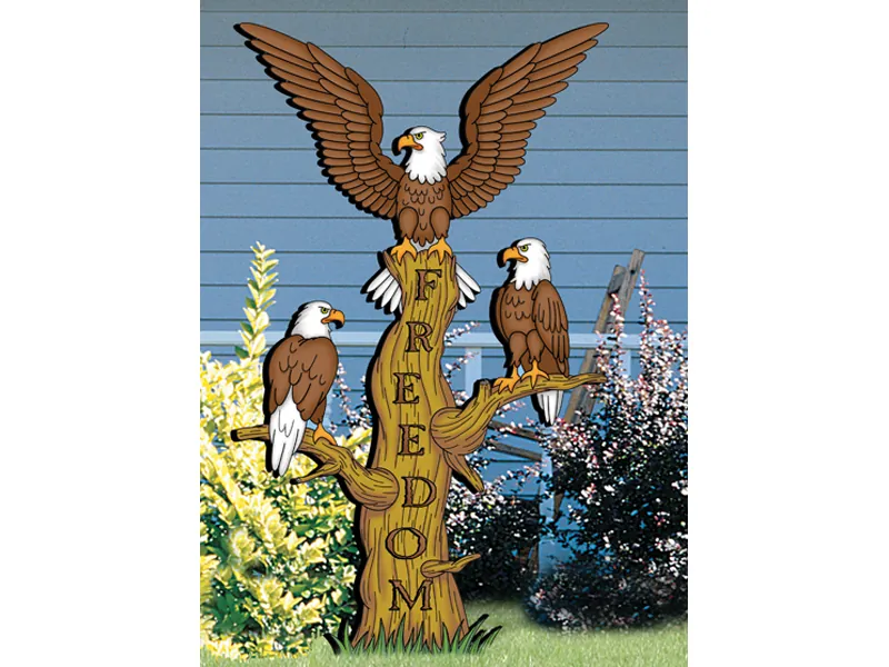 Freedom flyers yard art pattern has three bald eagles perched on a tree trunk