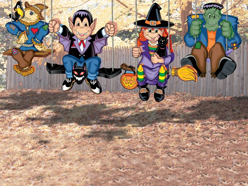 This yard art patternhas four separate Halloween characters that can be hung from a tree including a scarecrow, dracula, witch and frankenstein