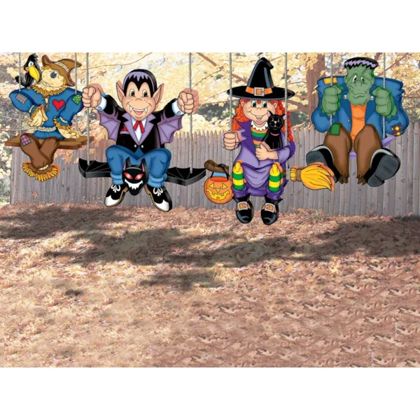 This yard art patternhas four separate Halloween characters that can be hung from a tree including a scarecrow, dracula, witch and frankenstein