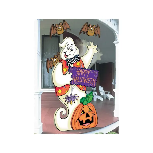 Cute and colorful waving ghost greets halloween trick-or-treaters at your front door