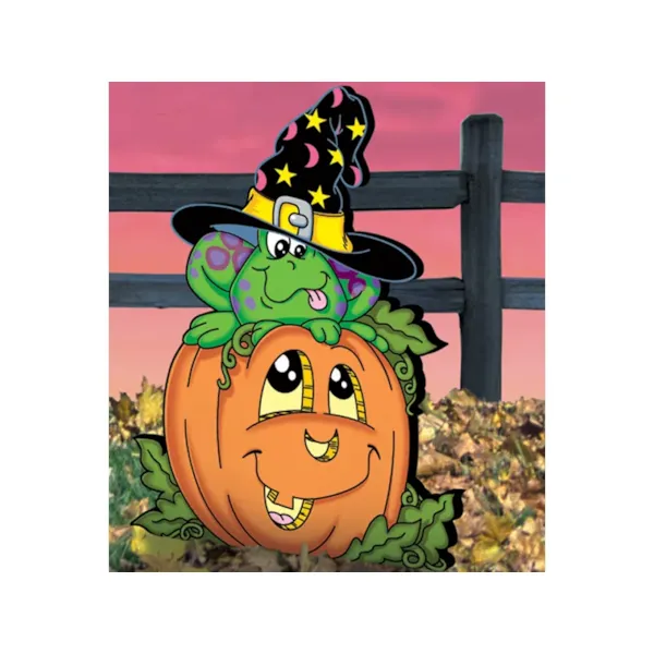 Pumpkin patch frog features a cute addition to your Halloween scene