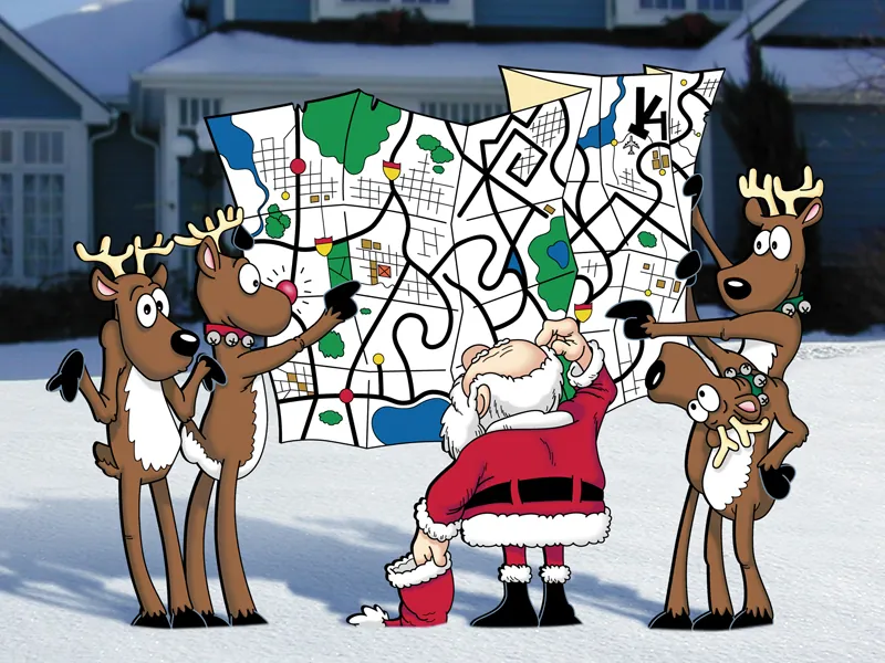 This yard art pattern features two reindeer holding up a large map for Santa