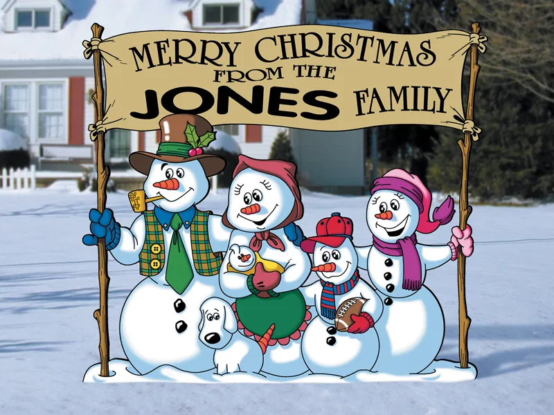 Fun winter-themed yard art pattern with snowman family holding sign
