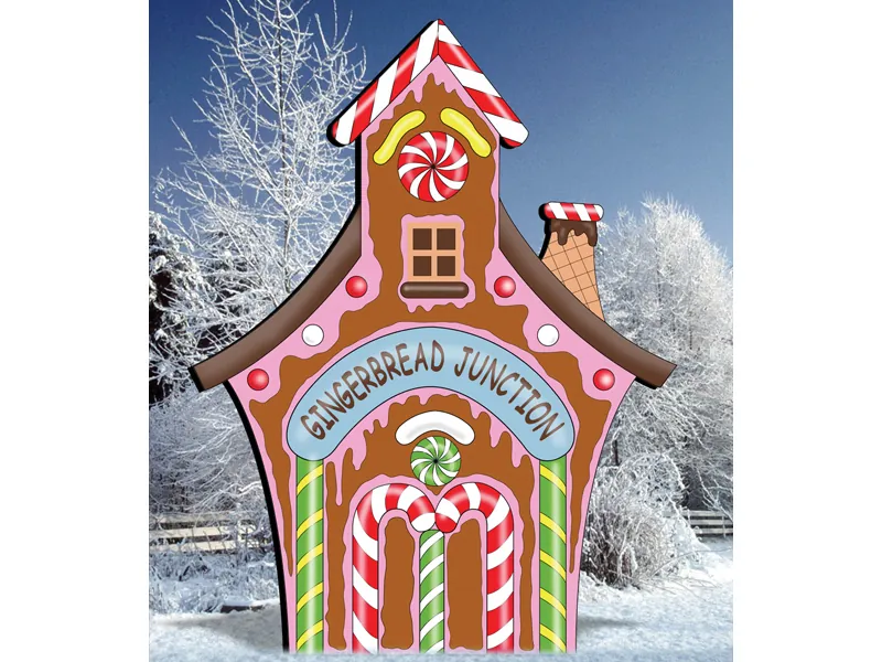 Gingerbread junction is a colorful outdoor decoration