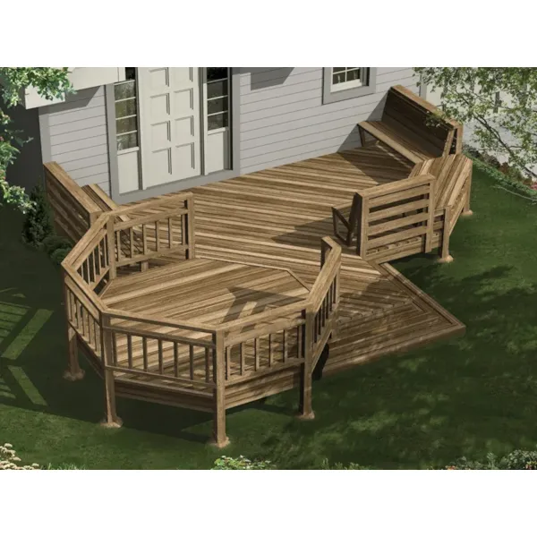 Large deck has multiple levels for added interest to the backyard