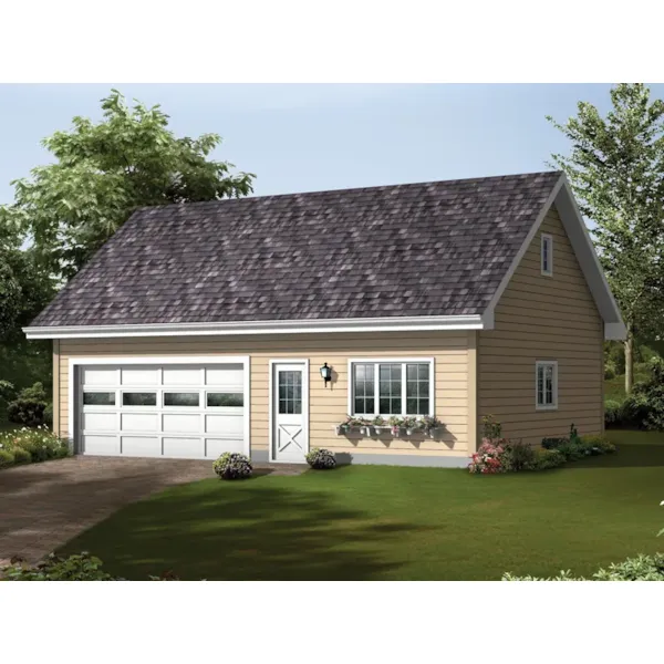 Two-car garage has loft above and work area plus charming planter box under window