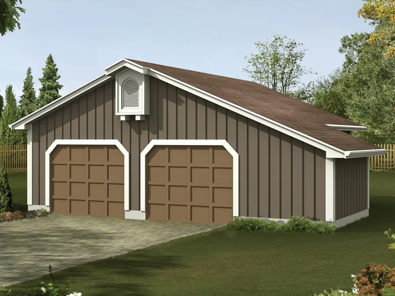 Two-car garage has work area for convenience and a rustic exterior style