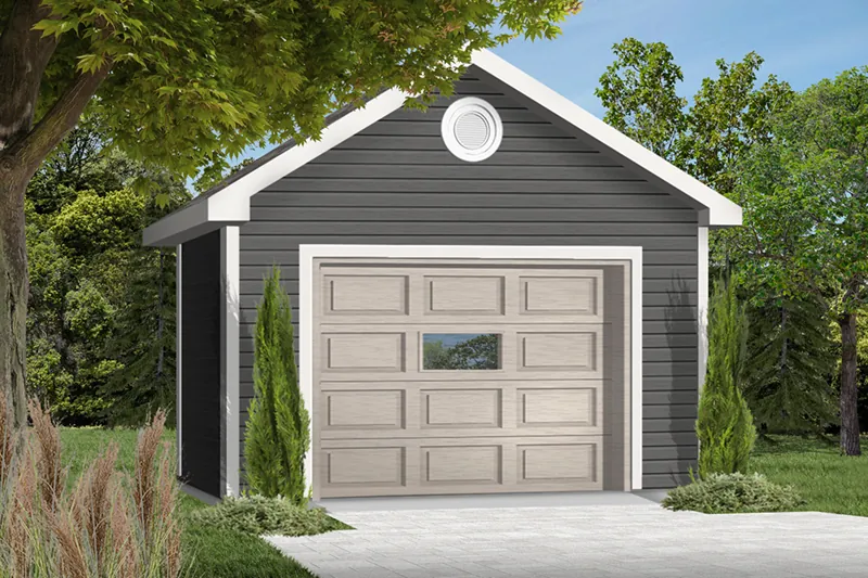 Two-car garage has gabled front roof and simple easy-to-build style