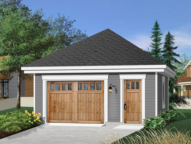 One-car garage has entry door and a stylish hip roof design