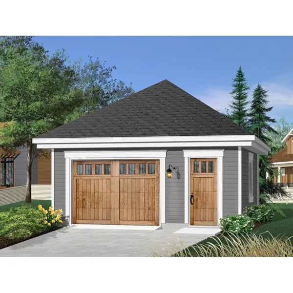 One-car garage has entry door and a stylish hip roof design