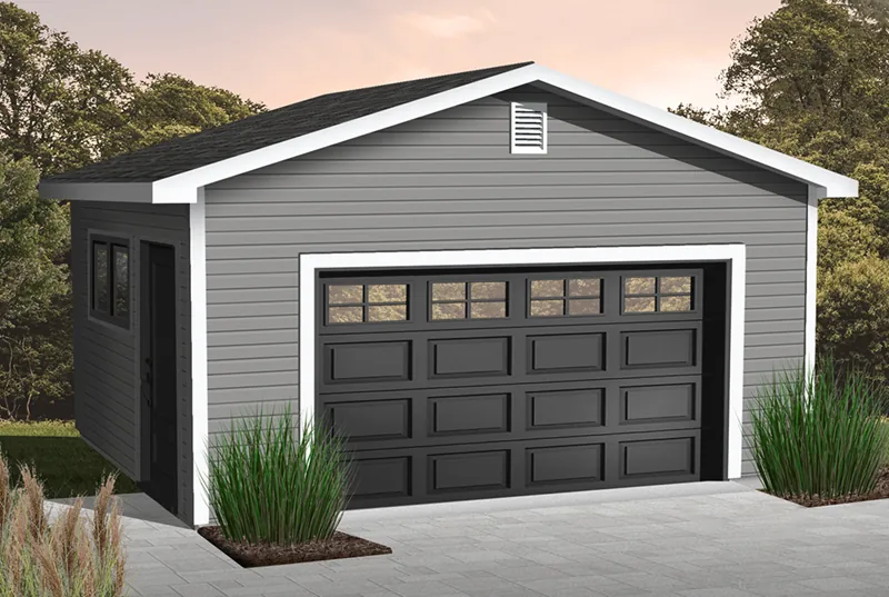 One-car garage has side entry door and window for added sunlight in the interior