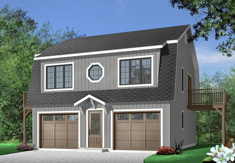 Two-story style two-car garage apartment has symmetrical feel with round center window 