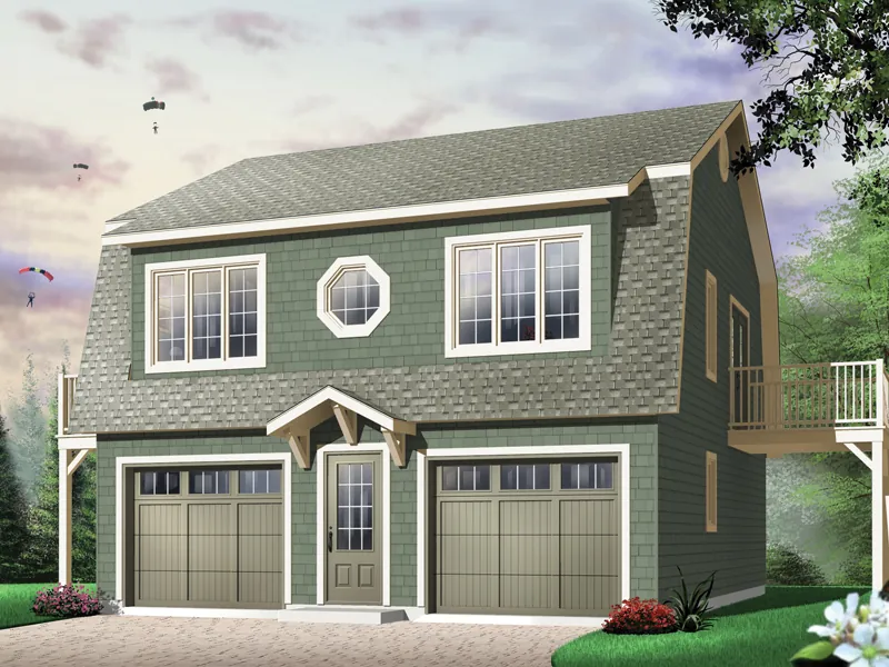 Two-story style two-car garage apartment with decorative round center second floor window 