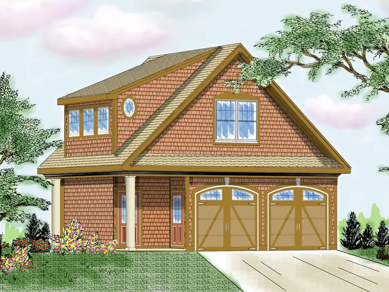 Two-story garage has Craftsman style details and arched garage doors